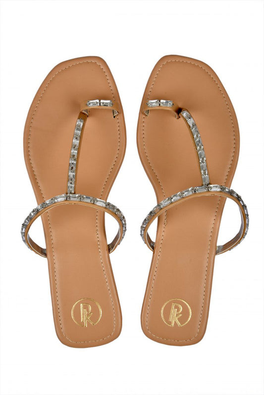 Beige & Silver Embellished Thumb Flats