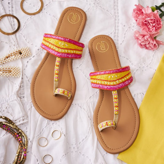 Neon Cutdana Kolhapuri Flats