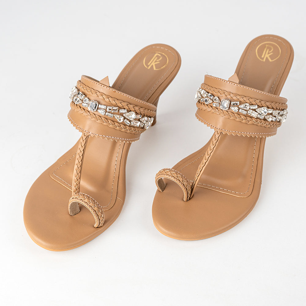 Beige Embellished Kolhapuri Heels