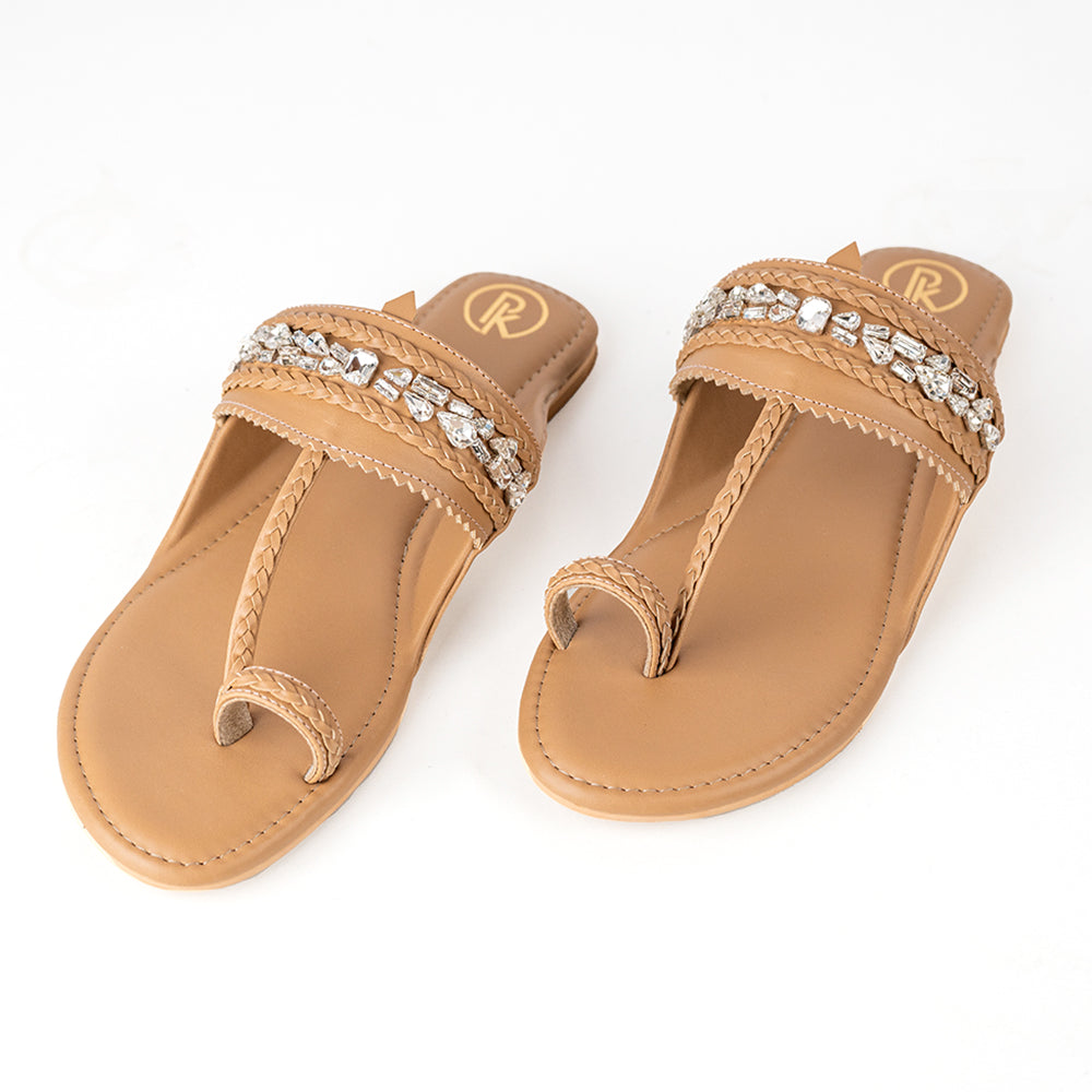 Beige Embellished Kolhapuri Flats