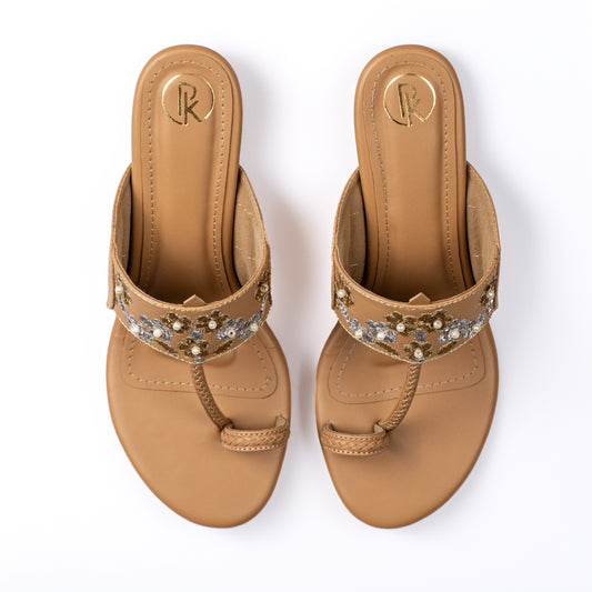 Beige Embellished Kolhapuri Heels
