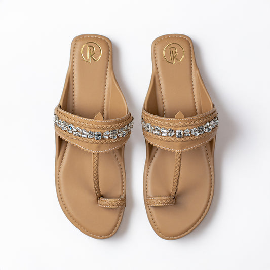 Beige Embellished Kolhapuri Flats