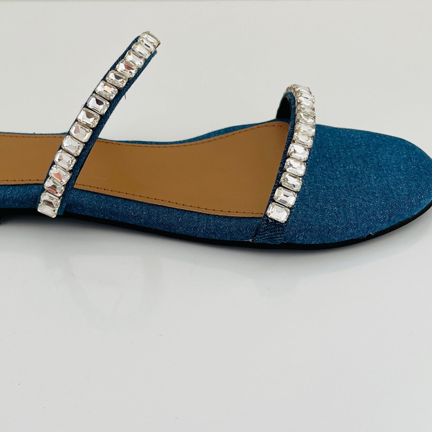 Denim Two Strap Embellished Flats