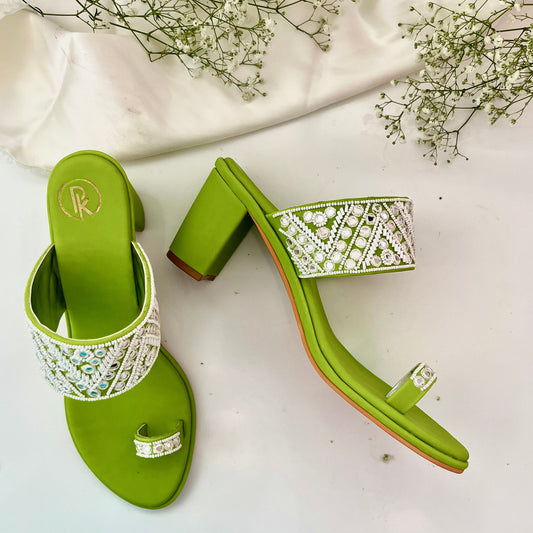 Neon Green Sheesha Kolhapuri Block Heels