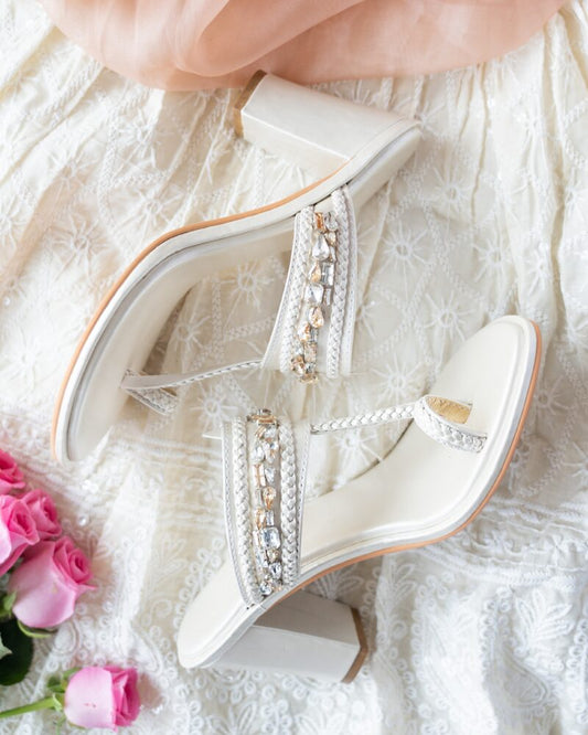 Ivory Enbellished Block Heels