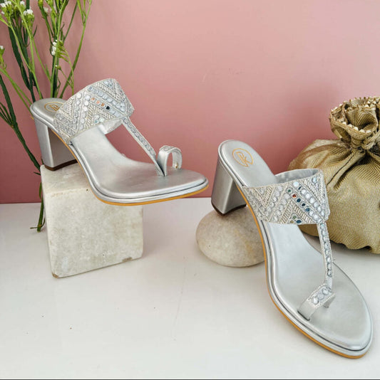 Silver Sheesha Block Heels Kolhapuri