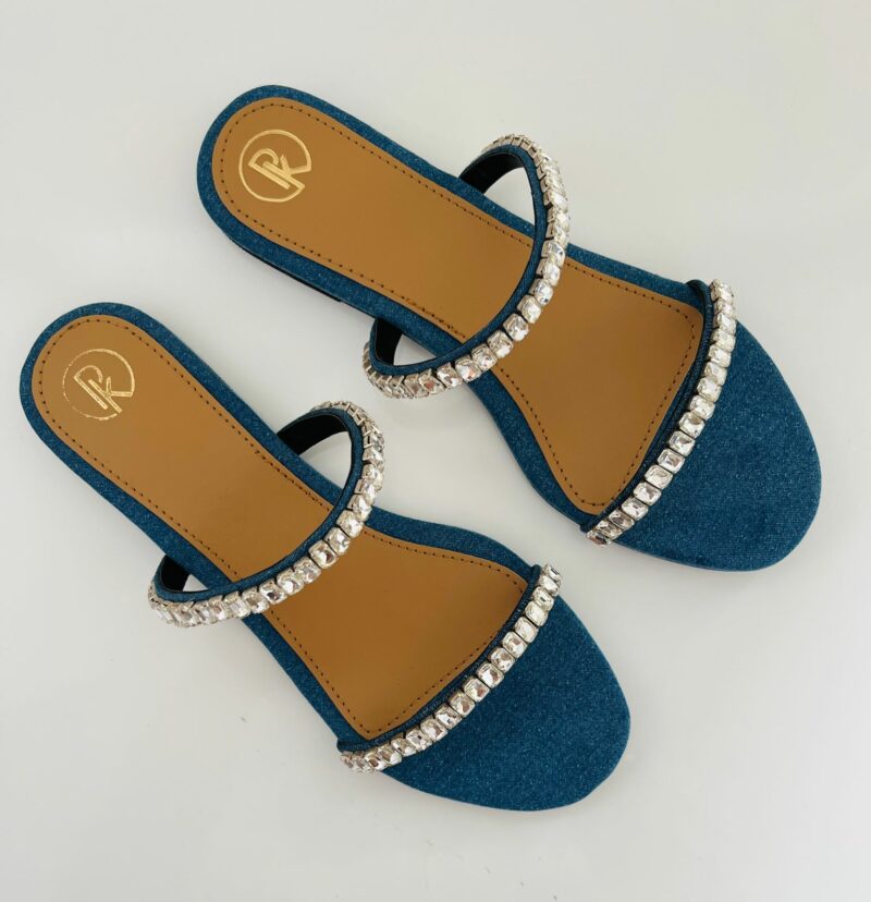 DENIM TWO STRAP EMBELLISHED FLATS