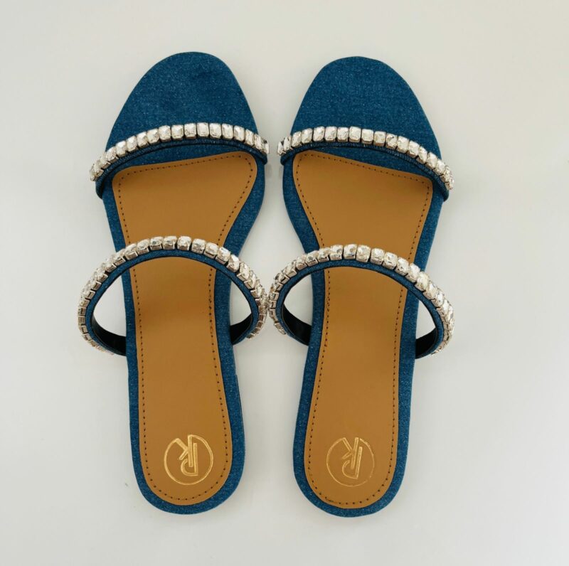 DENIM TWO STRAP EMBELLISHED FLATS