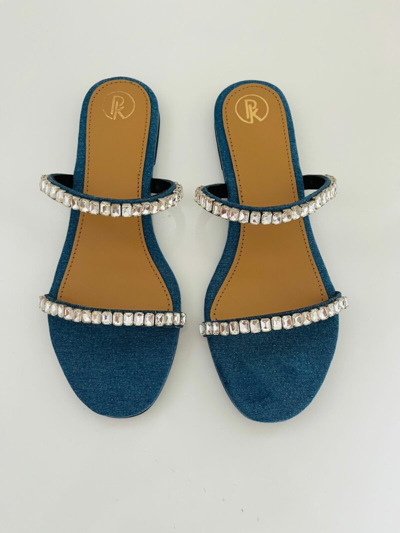 DENIM TWO STRAP EMBELLISHED FLATS