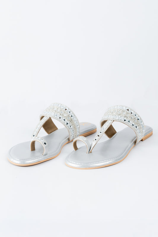 Dull Silver Sheesha Kolhapuri Flats