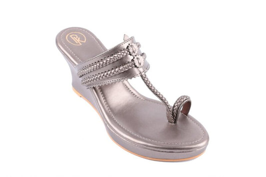 Metallic Grey Kolhapuri Wedges