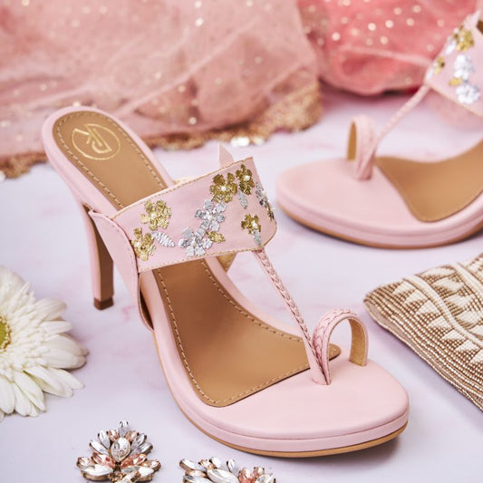 PINK MUKAISH KOLHAPURI HEELS