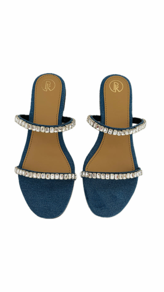 DENIM TWO STRAP EMBELLISHED FLATS