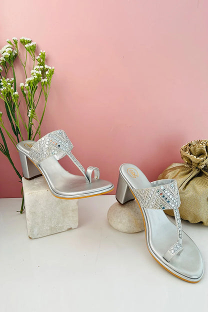 Silver Sheesha Block Heels Kolhapuri