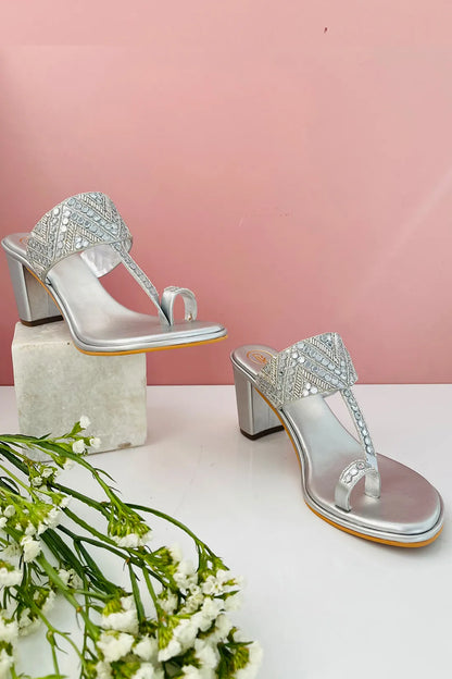 Silver Sheesha Block Heels Kolhapuri