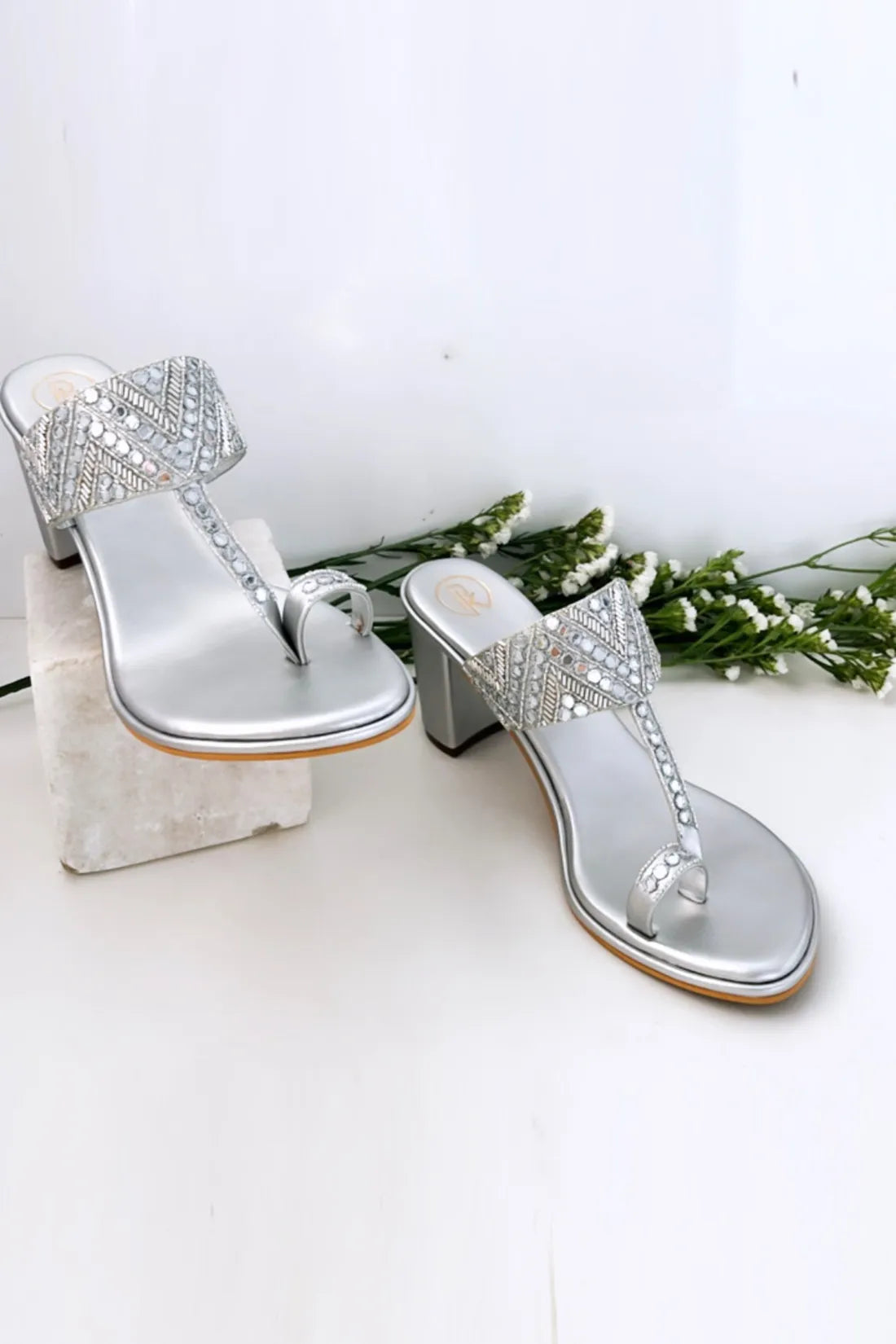 Silver Sheesha Block Heels Kolhapuri