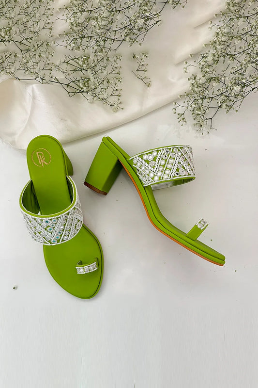 Neon Green Sheesha Kolhapuri Block Heels
