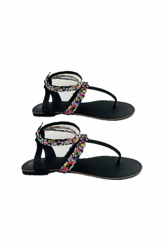 Black Poppy T Strap Sandals