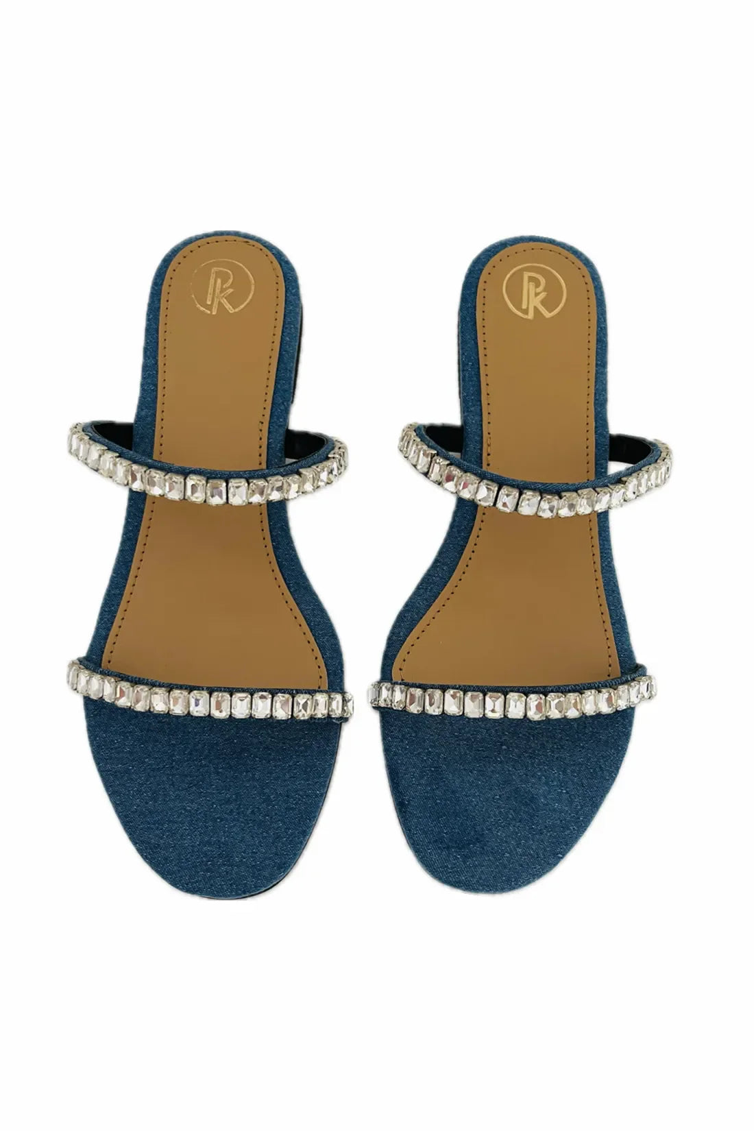 Denim Two Strap Embellished Flats