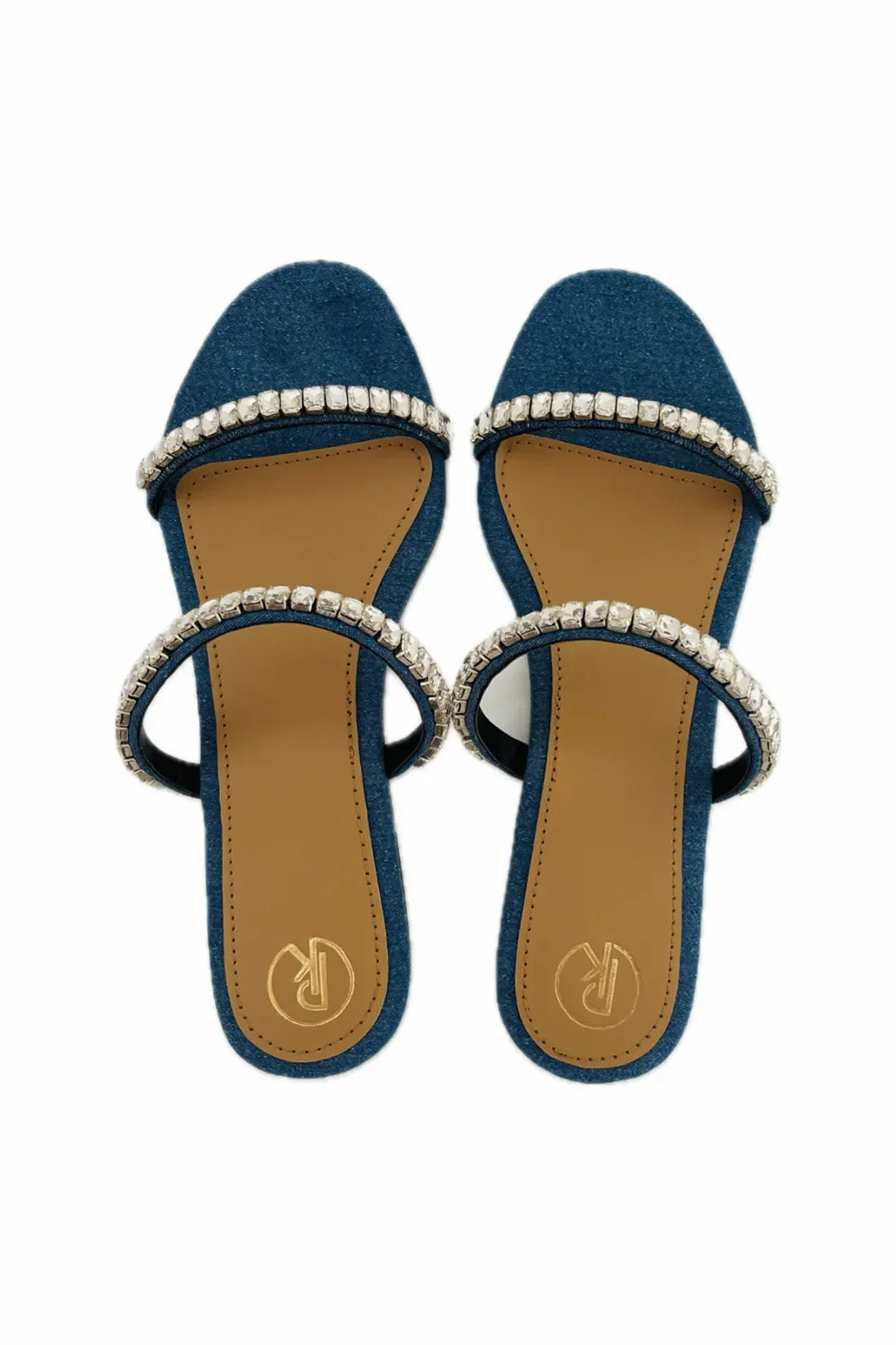 Denim Two Strap Embellished Flats