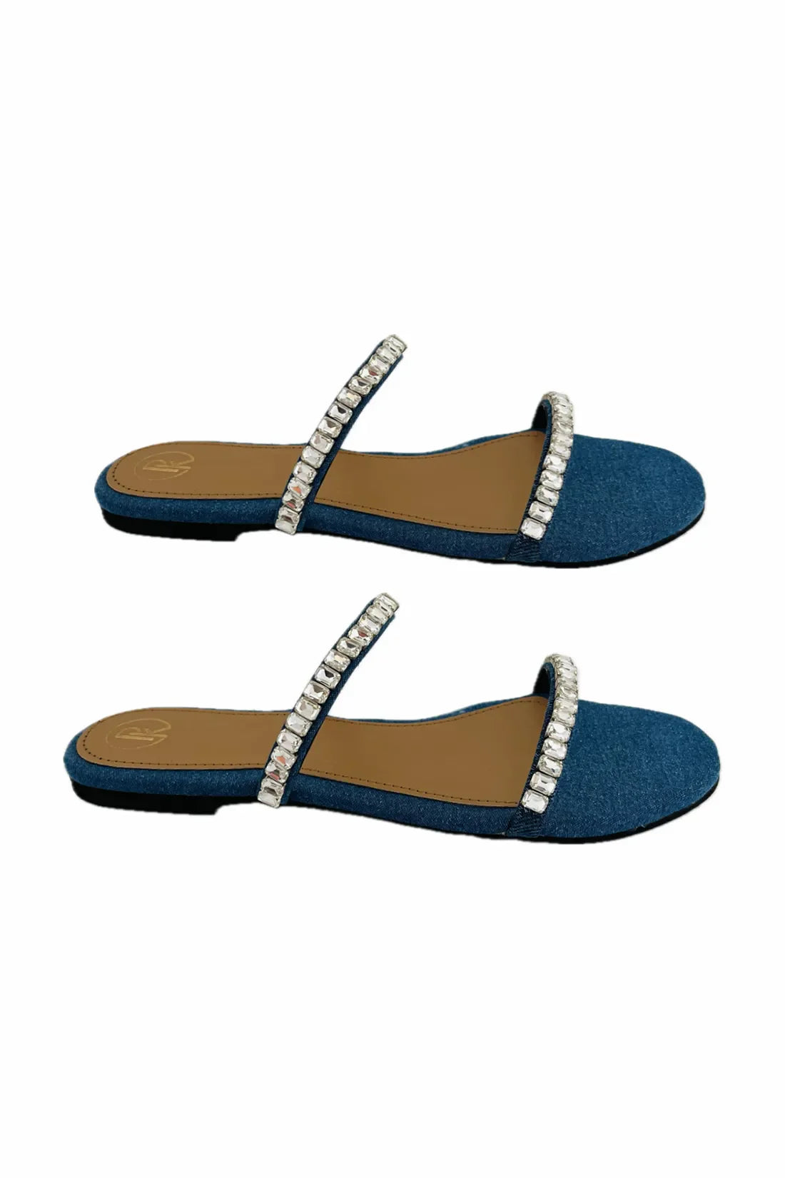 Denim Two Strap Embellished Flats