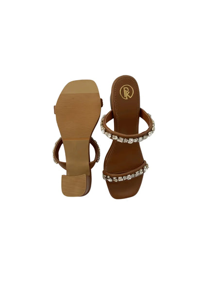 Tan Embellished Two Strap Heels