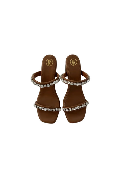 Tan Embellished Two Strap Heels