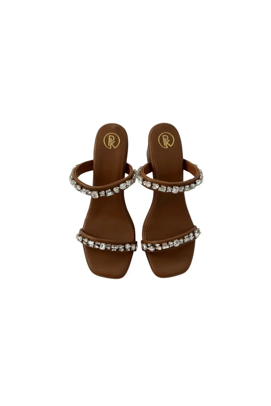 Tan Embellished Two Strap Heels
