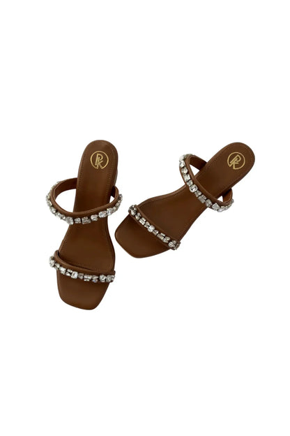 Tan Embellished Two Strap Heels