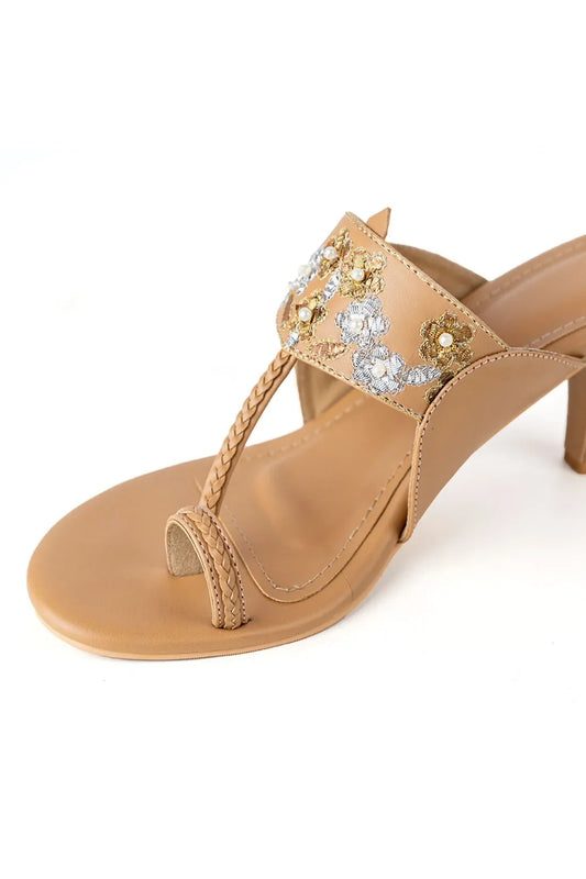 Beige Mukaish Heels