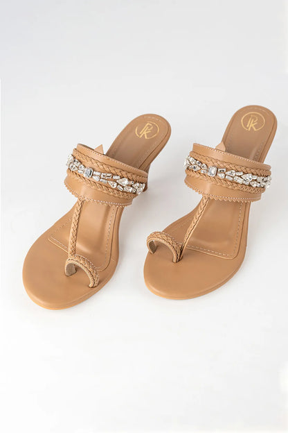 Beige Embellished Kolhapuri Heels