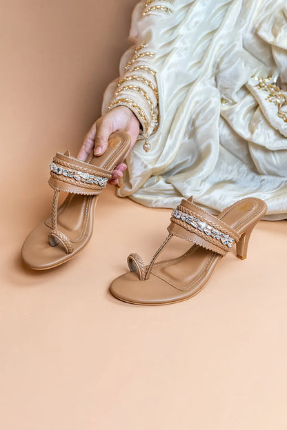 Beige Embellished Kolhapuri Heels