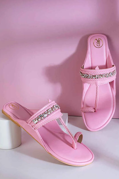 Pink Embellished Kolhapuri Flats