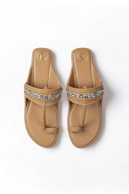 Beige Embellished Kolhapuri Flats