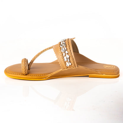 Beige Embellished Kolhapuri Flats