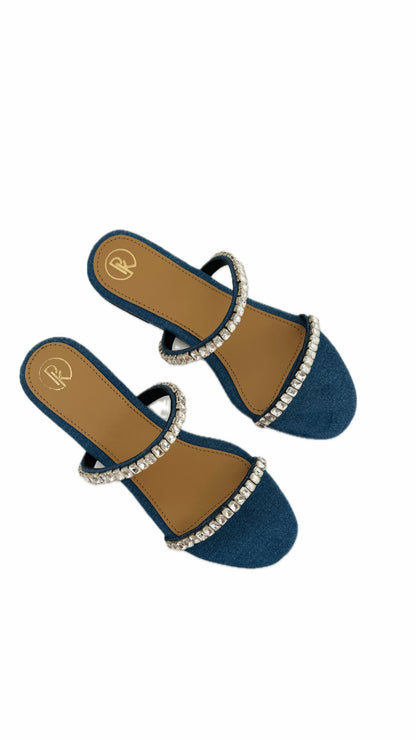 Denim Two Strap Embellished Flats