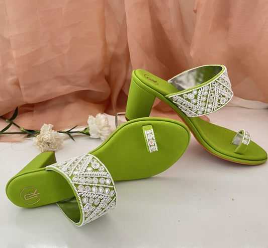 Neon Green Sheesha Kolhapuri Block Heels