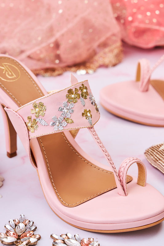 Pink Mukaish Kolhapuri Heels