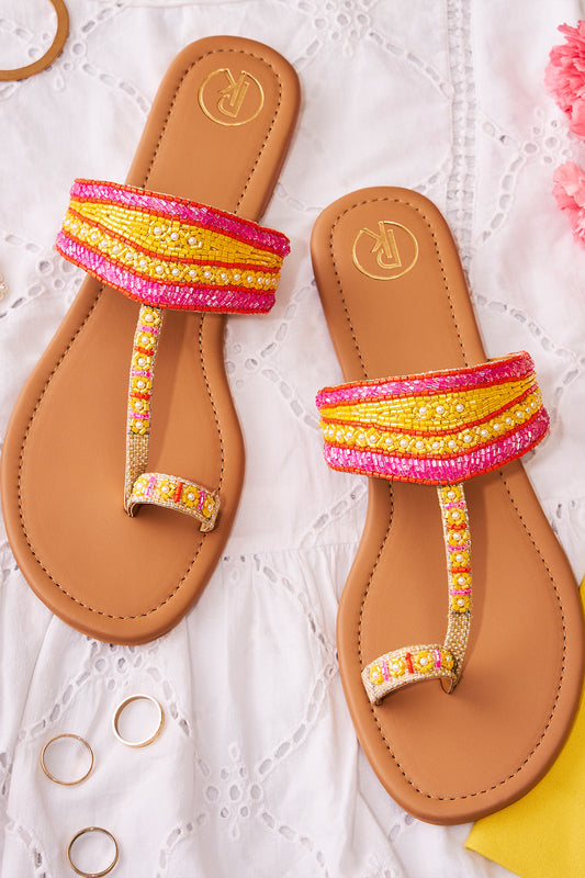 Neon Cutdana Kolhapuri Flats