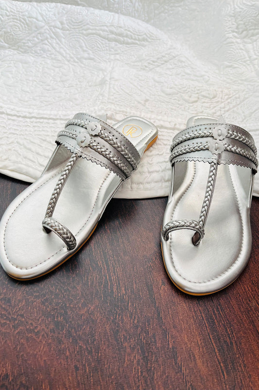 Dull Silver Kolhapuri Flats