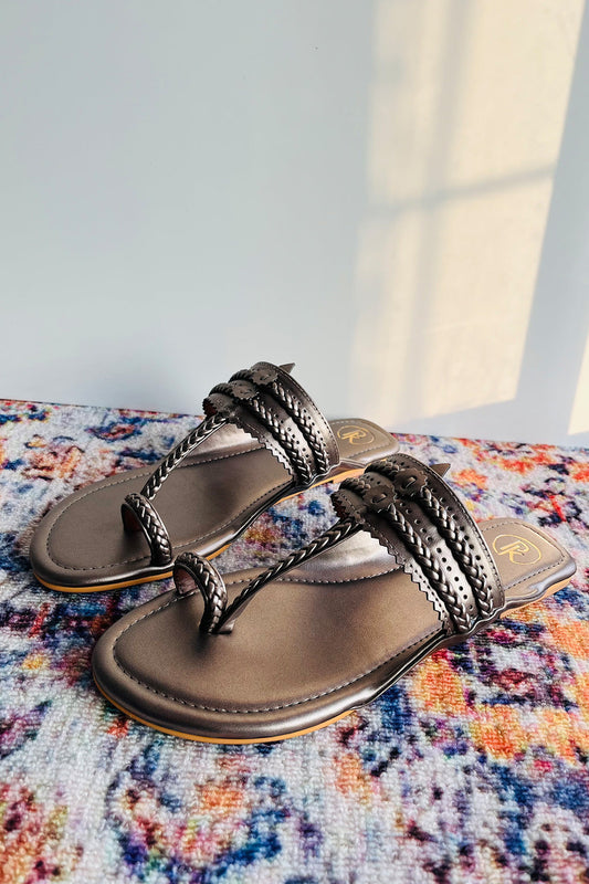 Metallic Grey Kolhapuri Flats