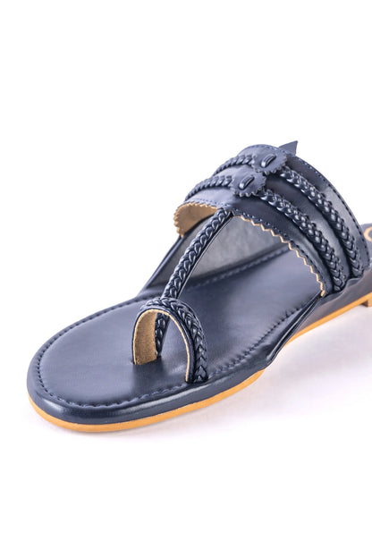Navy Blue Plain Kolhapuri Flats