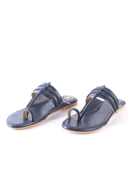 Navy Blue Plain Kolhapuri Flats