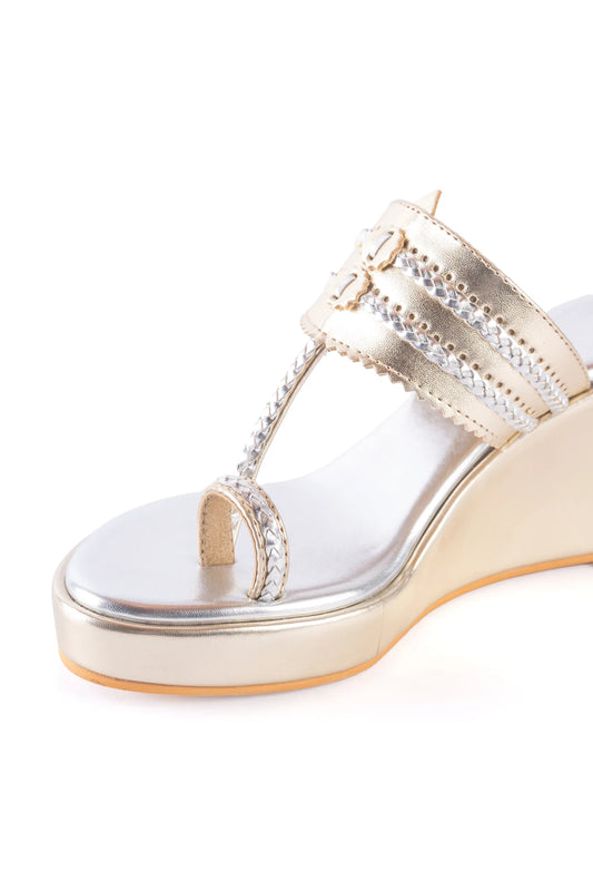 Dull Gold Two Tone Kolhapuri Wedges