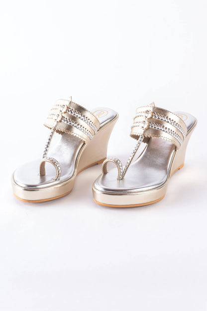 Dull Gold Two Tone Kolhapuri Wedges