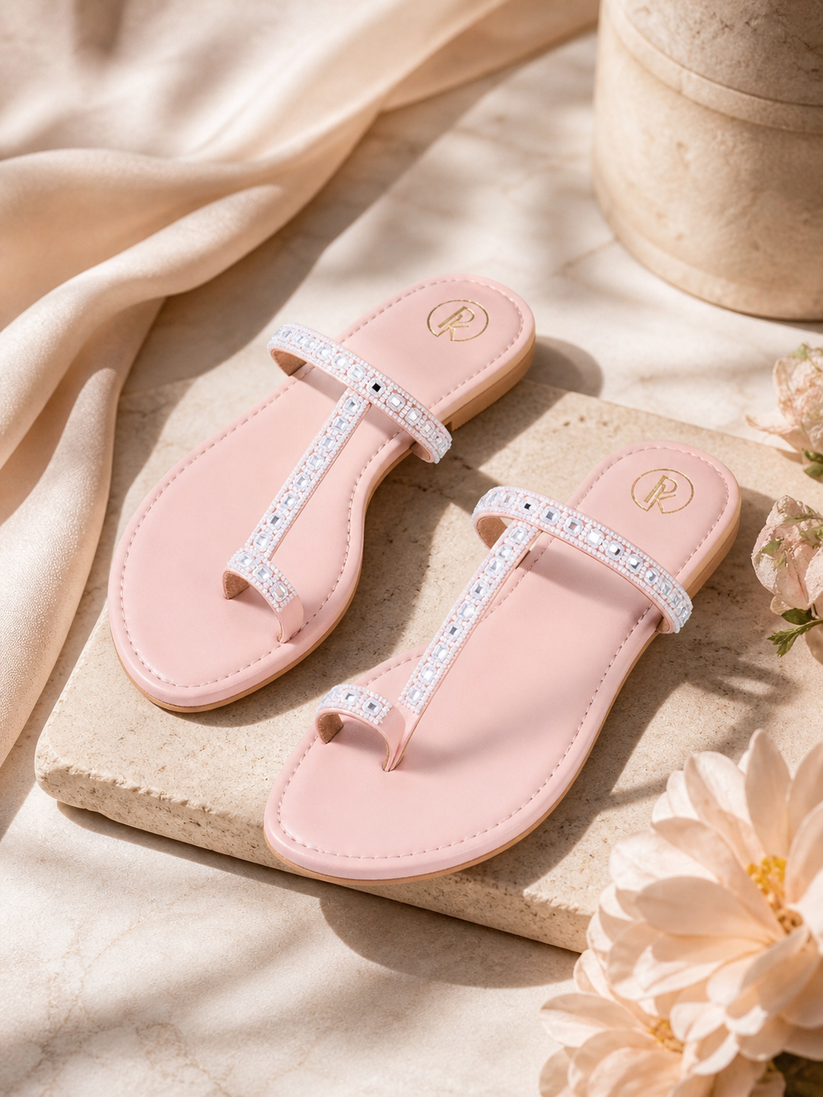 Pink embellished Kolhapuri flats for long wedding days
