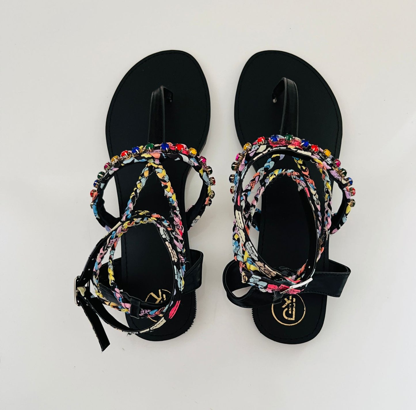 BLACK POPPY T STRAP SANDALS