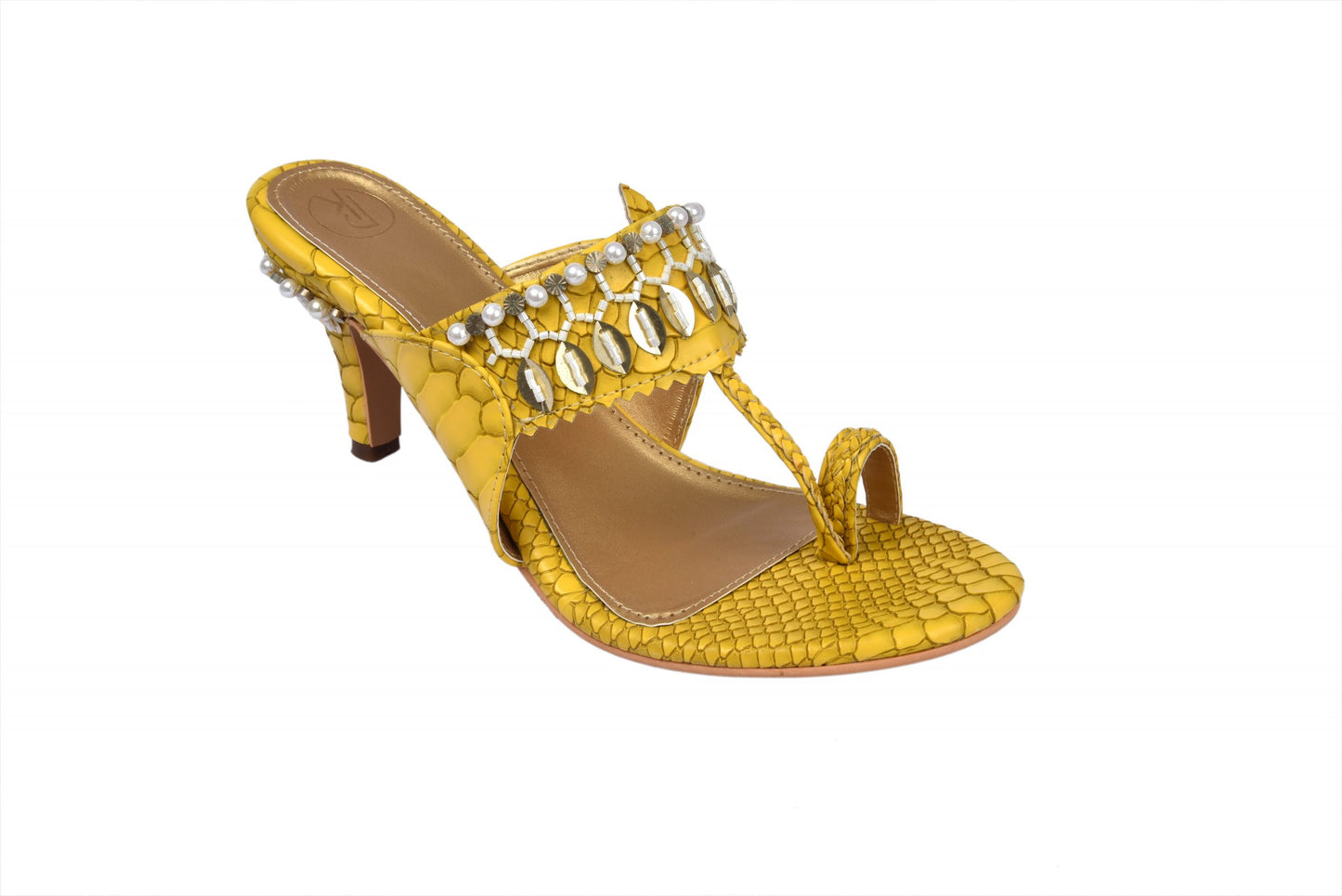YELLOW TEXTURED EMBROIDERED HEELS